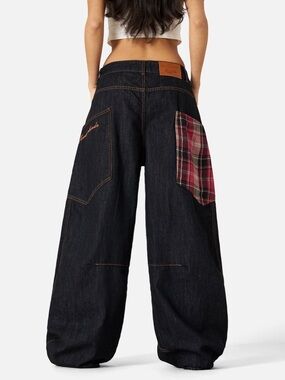 Wide Leg Dark Wash Barrel Jeans with Red Plaid Patch Aelfric Eden